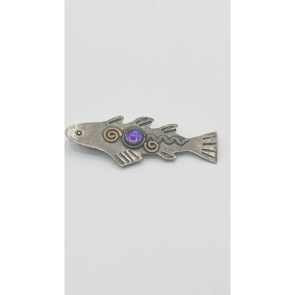 Artisan LCF Catherine McElroy Whimsical Sterling & Amethyst Fish Pendant/Brooch